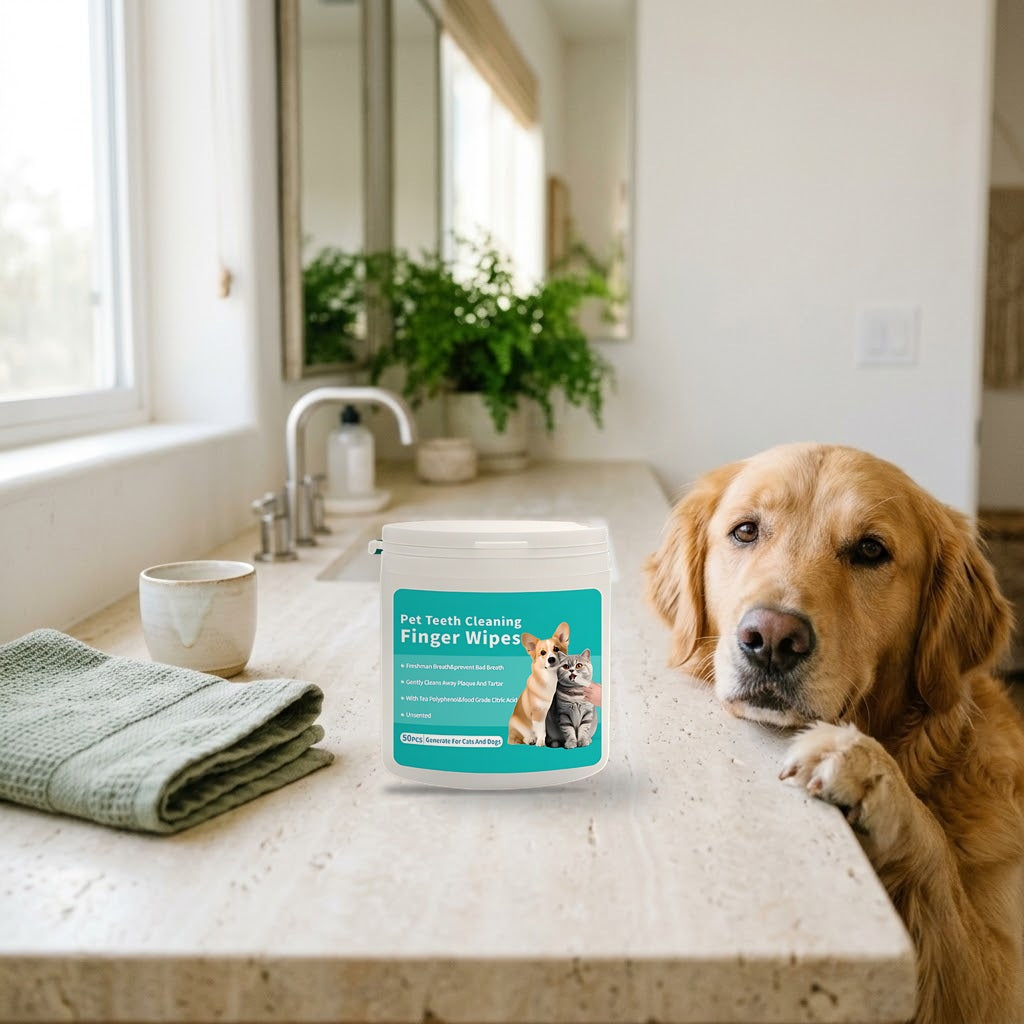 Dental finger wipes tub on a bathroom counter (styled scene)