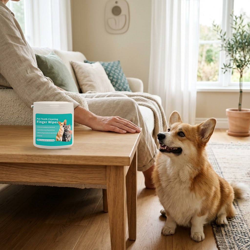 Dental finger wipes tub in a living room (styled scene)