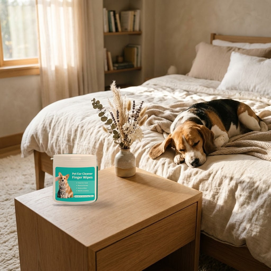 Ear finger wipes tub on a bedroom nightstand (styled scene)