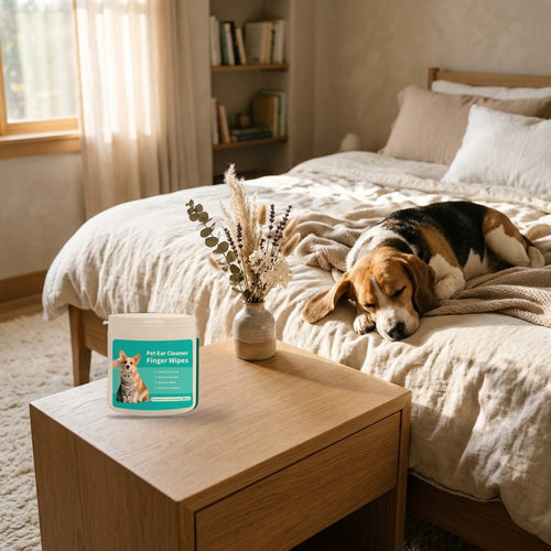 Ear finger wipes tub on a bedroom nightstand (styled scene)
